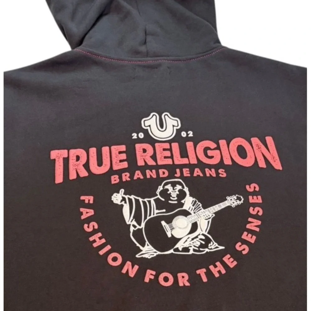True Religion Full Zip Hoodie Mens XXL 2X Black Red Stitching Buddha Logo Y2K